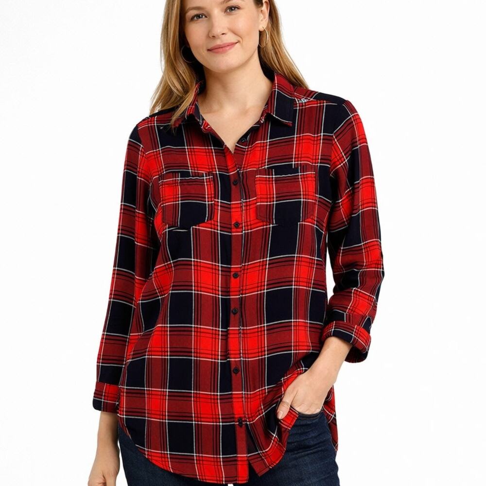 Love Notes Plaid Red Black White Roll Tab Sleeve Shirt Size Small